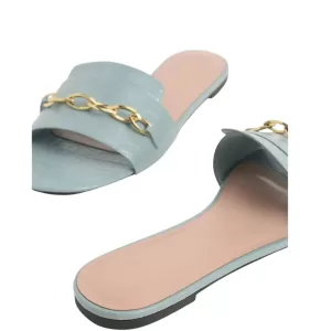 women flat slide sandals showing footbed and slim outsole detail