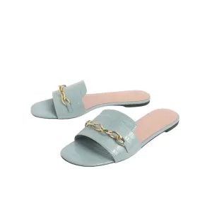 womens sandals manufacturer flat slide sandals with croc embossed wide strap and gold chain detail