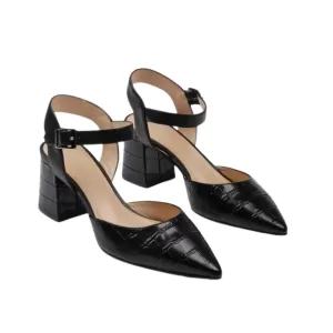 private label shoes black croc embossed block heel pumps