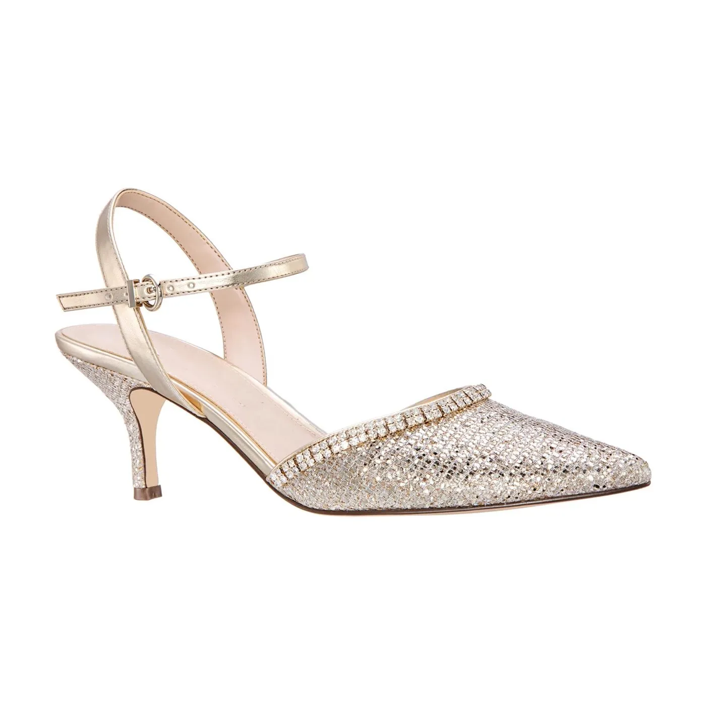 Wedding Kitten Heels with Glittering Design and Ankle Strap – Lajwanti Official Elegant wedding kitten heels with a glittering design and ankle strap – A perfect choice for brides from Lajwanti Official.