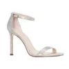 Silver sandals for women with high heel and ankle strap, embellished with rhinestones.