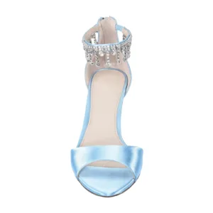 Wide fit blue bridal sandals with rhinestone ankle strap – Elegant wedding shoes from Lajwanti Official.