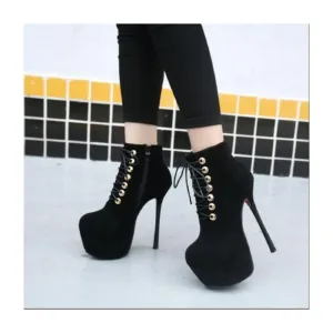 High heel ankle boots by Lajwanti Shoes with lace-up design and stiletto heel.