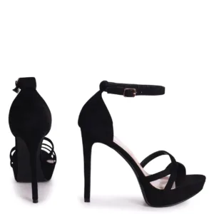 Black heels for women by Lajwanti Shoes with ankle strap and crisscross design.