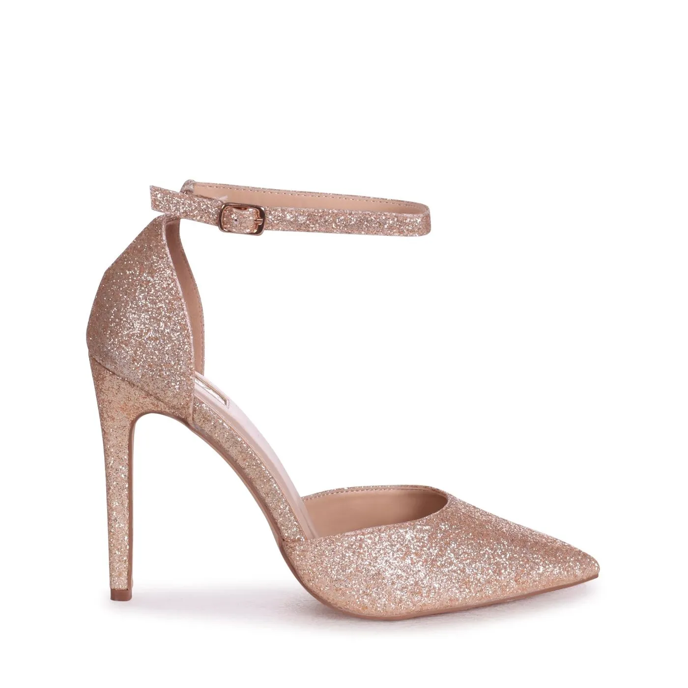Side View of Gold Glitter Wedding Heels with Ankle Strap – Lajwanti Official Side view of gold glitter wedding heels with ankle strap – Luxurious bridal heels from Lajwanti Official.
