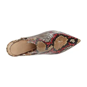 Closed toe high heels with slingback design and snake print pattern.