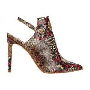 Side view of closed toe high heels with slingback design and snake print pattern.