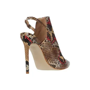 Close-up of closed toe high heels by Lajwanti Shoes, showcasing the snake print and design.