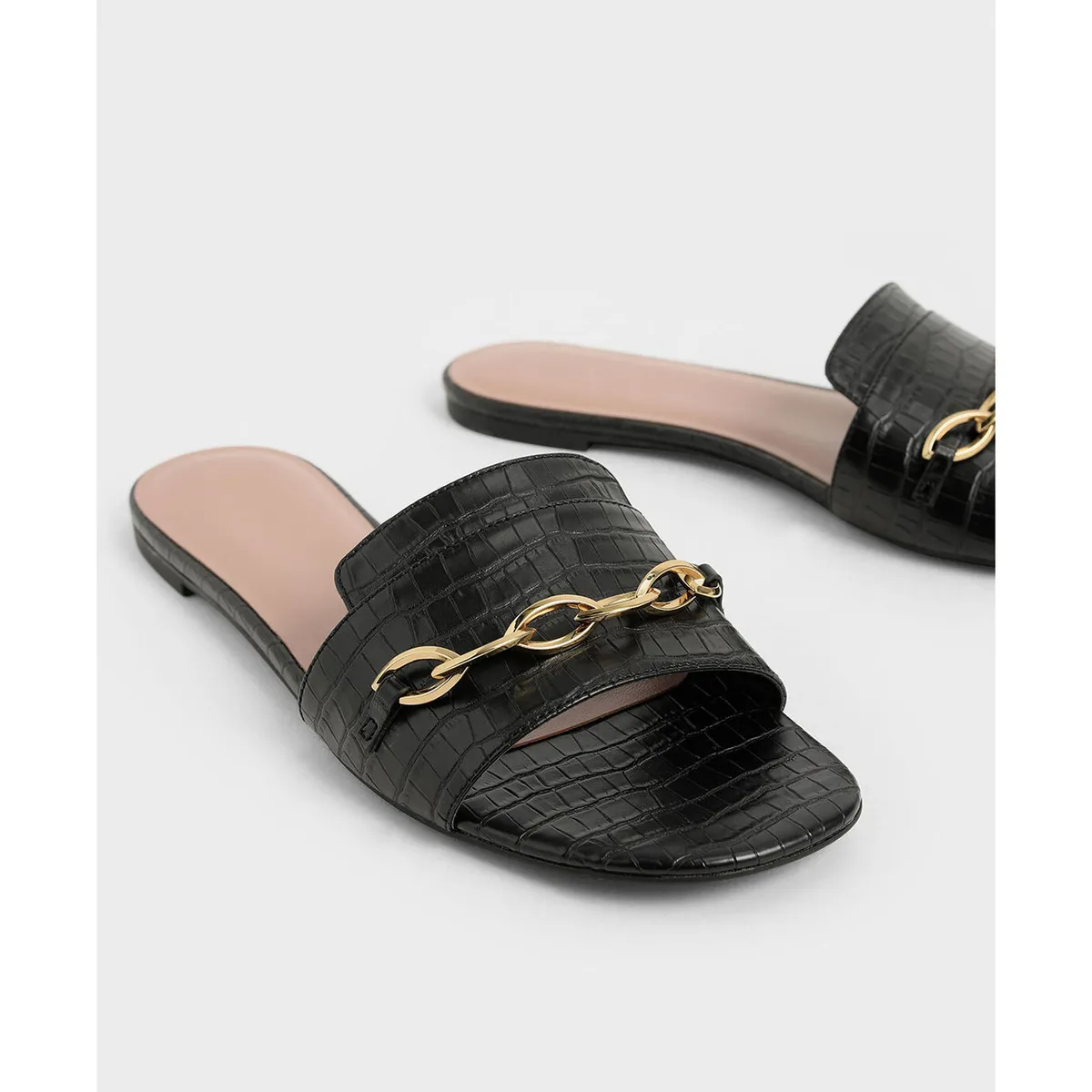 Custom Made Flat Shoes with Gold Chain by Lajwanti Designers - Stylish and Elegant custom made black flat shoes with gold chain detail from Lajwanti Designers