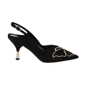 Side view of black wedding slingback shoes with rhinestone butterfly design – Elegant bridal footwear from Lajwanti Official.