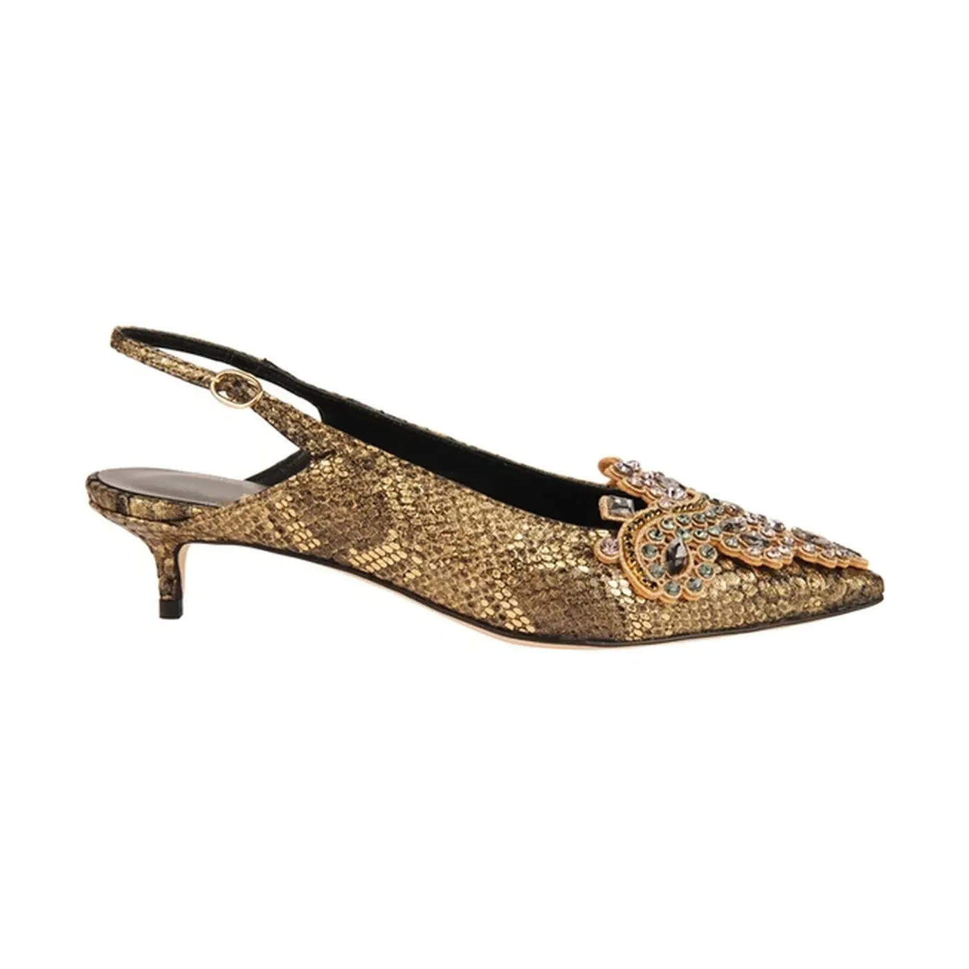 Gold Low Heel Wedding Shoes with Rhinestone Detail – Lajwanti Official Gold low heel wedding shoes with rhinestone embellishment – Elegant bridal shoes from Lajwanti Official.
