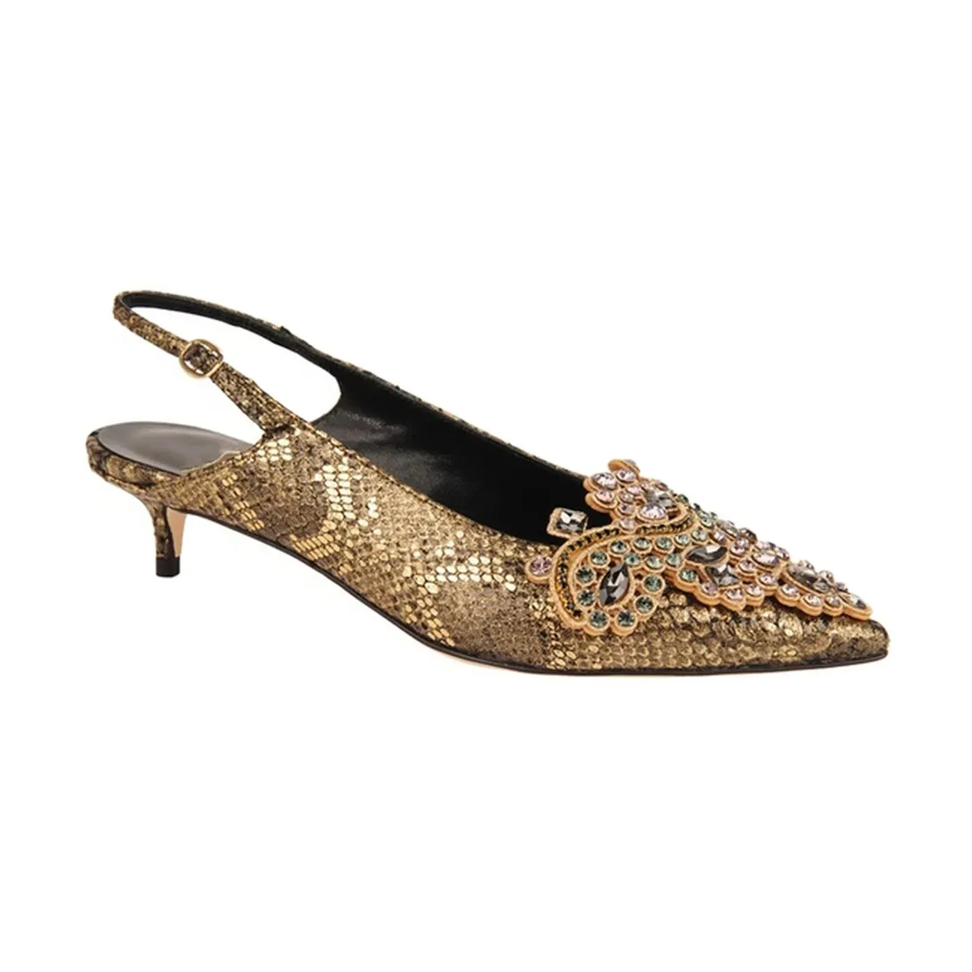 Gold Low Heel Wedding Shoes with Rhinestone Detail – Lajwanti Official Gold low heel wedding shoes with rhinestone embellishment – Elegant bridal shoes from Lajwanti Official.