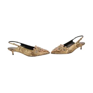 Pair of gold low heel wedding shoes with rhinestone and crystal embellishments – Elegant bridal shoes from Lajwanti Official.