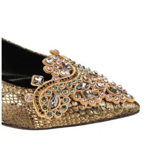 Close-up of gold low heel wedding shoes with rhinestone and crystal embellishment – Elegant bridal shoes from Lajwanti Official.
