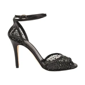 Side view of black heels for women by Lajwanti Shoes, showcasing elegant design and ankle strap.