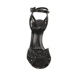 Top view of black heels for women by Lajwanti Shoes with embellished design and ankle strap.