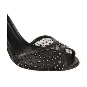 Close-up of black heels for women by Lajwanti Shoes with intricate embellishments and ankle strap.