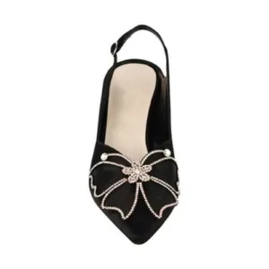 Top view of black wedding slingback shoes with rhinestone butterfly – Elegant bridal footwear by Lajwanti Official.