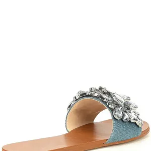 Stylish pearl flat shoes with denim strap and crystal design by Lajwanti Collections.
