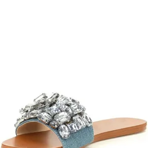 Close-up view of the pearl flat shoes with crystal embellishments by Lajwanti Collections.