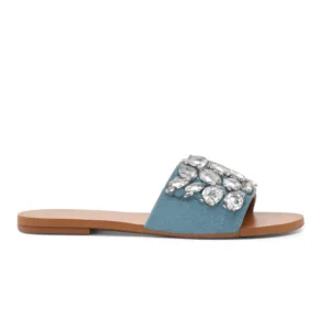 Side view of pearl flat shoes with embellished denim strap by Lajwanti Collections.