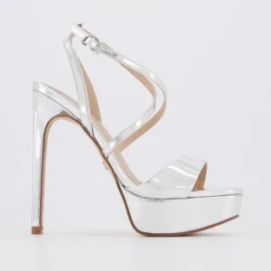 silver platform shoes with high heels and criss-cross straps by Lajwanti Designers