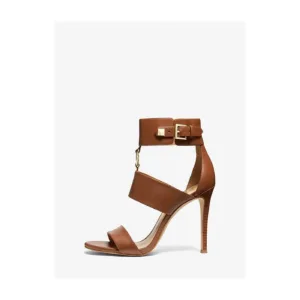 Front view of brown leather high-heeled sandals with ankle buckle by Lajwanti Official.