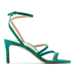 Teal suede private label sandals with ankle strap and high heels by Lajwanti Shoes.