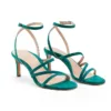 Teal suede private label sandals with ankle strap and high heels by Lajwanti Shoes.