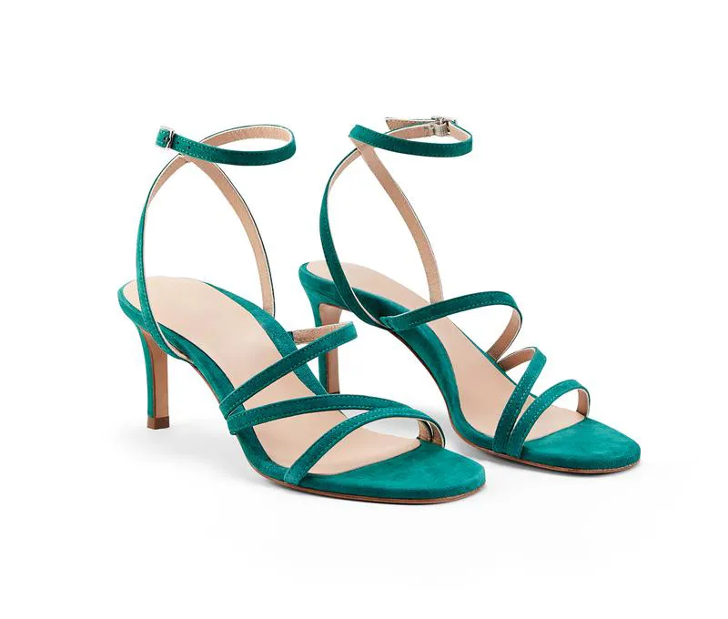 Teal Suede Private Label Sandals with Ankle Strap and High Heels by Lajwanti Official Teal suede private label sandals with ankle strap and high heels by Lajwanti Shoes.