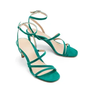 Front view of teal suede private label sandals with crisscross straps by Lajwanti Official.