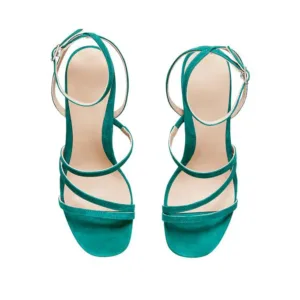 Top view of teal suede private label sandals with crisscross straps by Lajwanti Pakistan.