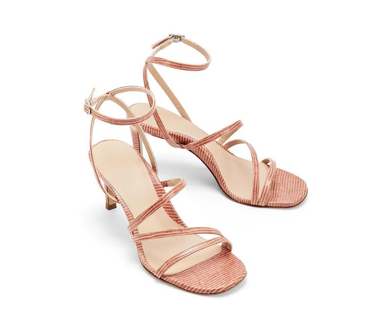 Front View of Pink Strappy Sandals with Ankle Strap and High Heels by Lajwanti Official Front view of pink strappy sandals with ankle strap and high heels by Lajwanti Official.