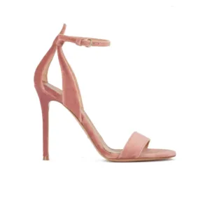 Pink velvet stiletto sandals with ankle strap and open toe by Lajwanti Shoes Factory.