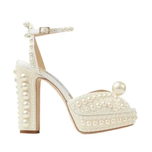 elegant white platform bridal shoes with pearl details