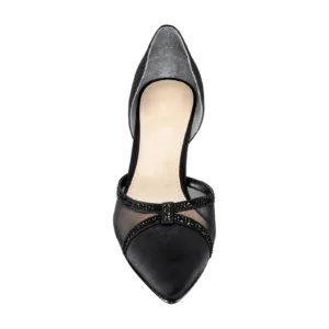 Top view of black custom made pumps by Lajwanti Designers, featuring mesh detailing and elegant beaded design.