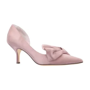 Pink satin pumps with a large bow detail on the toe.