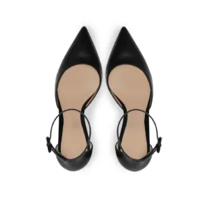 Top view of black private label pumps by Lajwanti Designers, featuring a pointed toe and ankle strap.