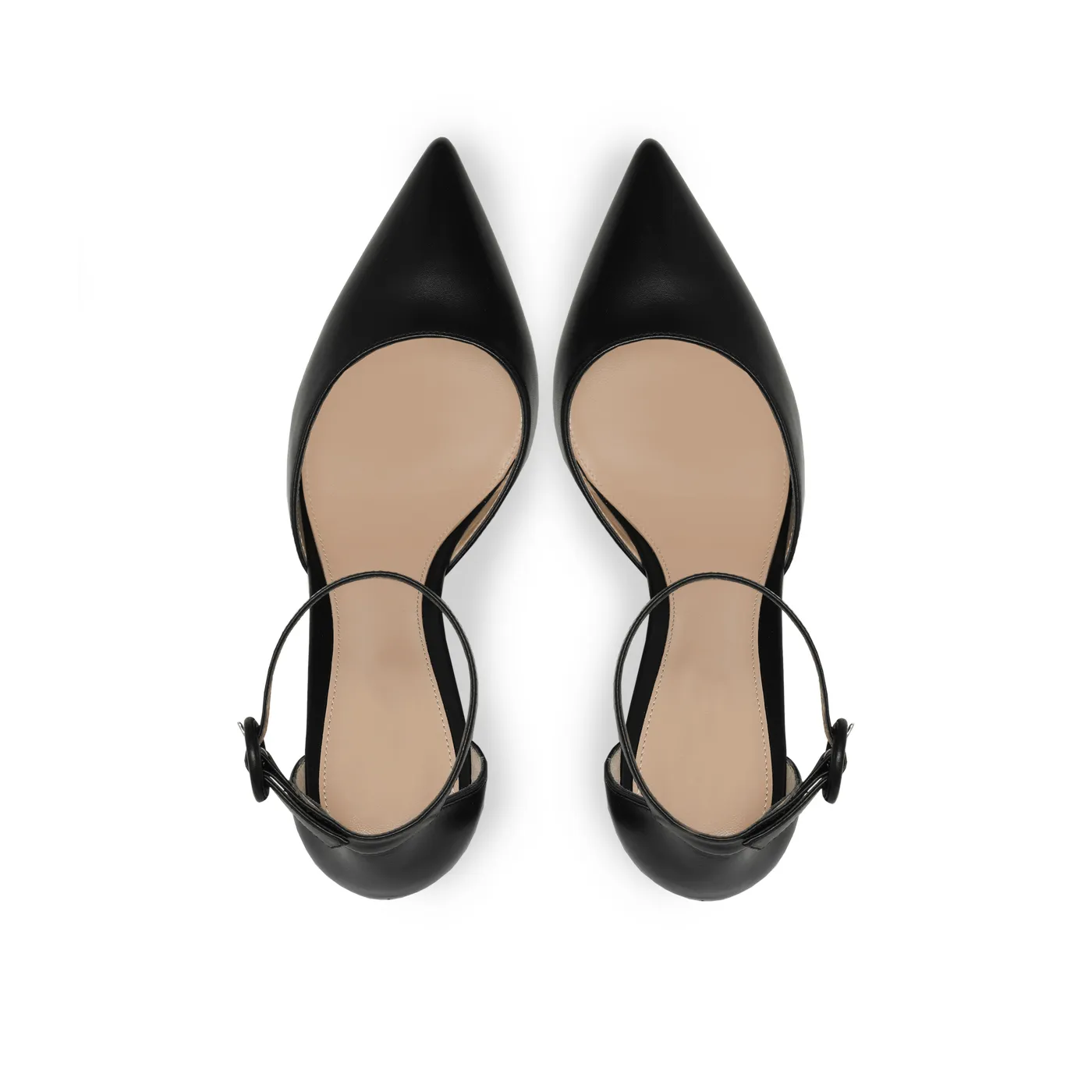 Top View of Black Private Label Pumps by Lajwanti Designers Top view of black private label pumps by Lajwanti Designers, featuring a pointed toe and ankle strap.