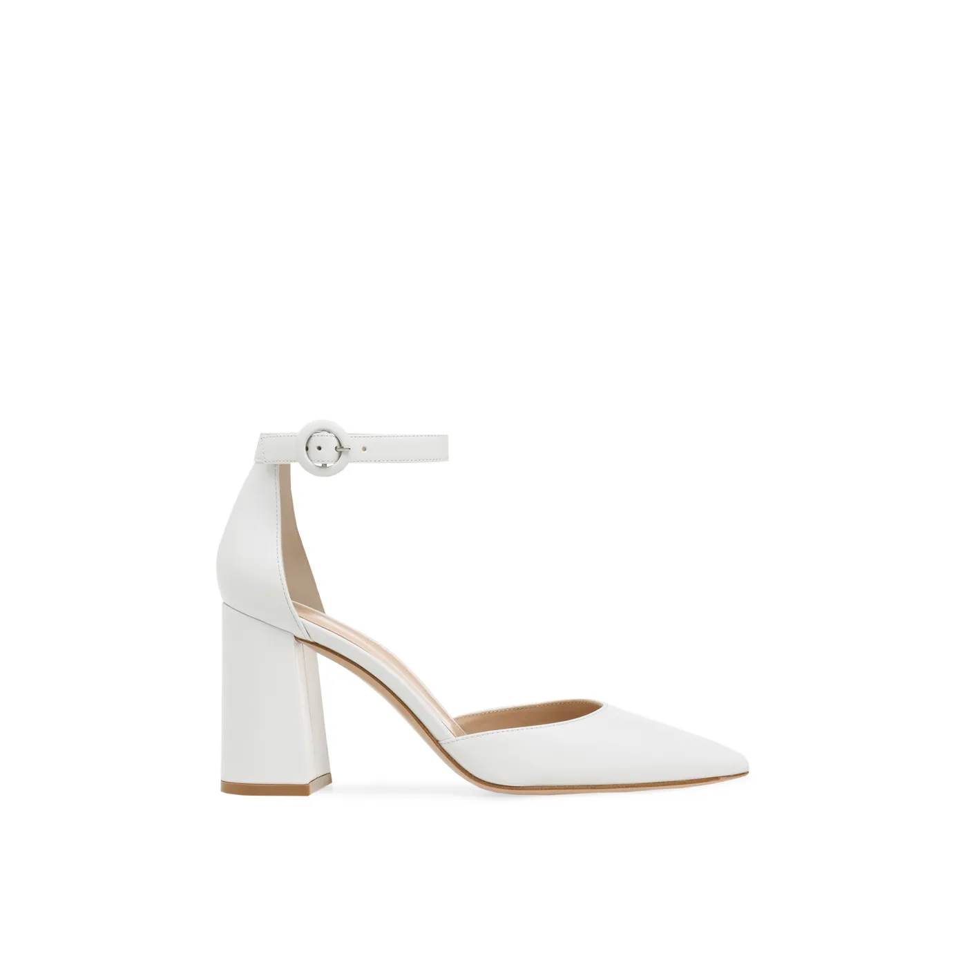 White Private Label Pumps with Ankle Strap by Lajwanti Designers Elegant white private label pumps with ankle strap by Lajwanti Designers, featuring a chic block heel design.