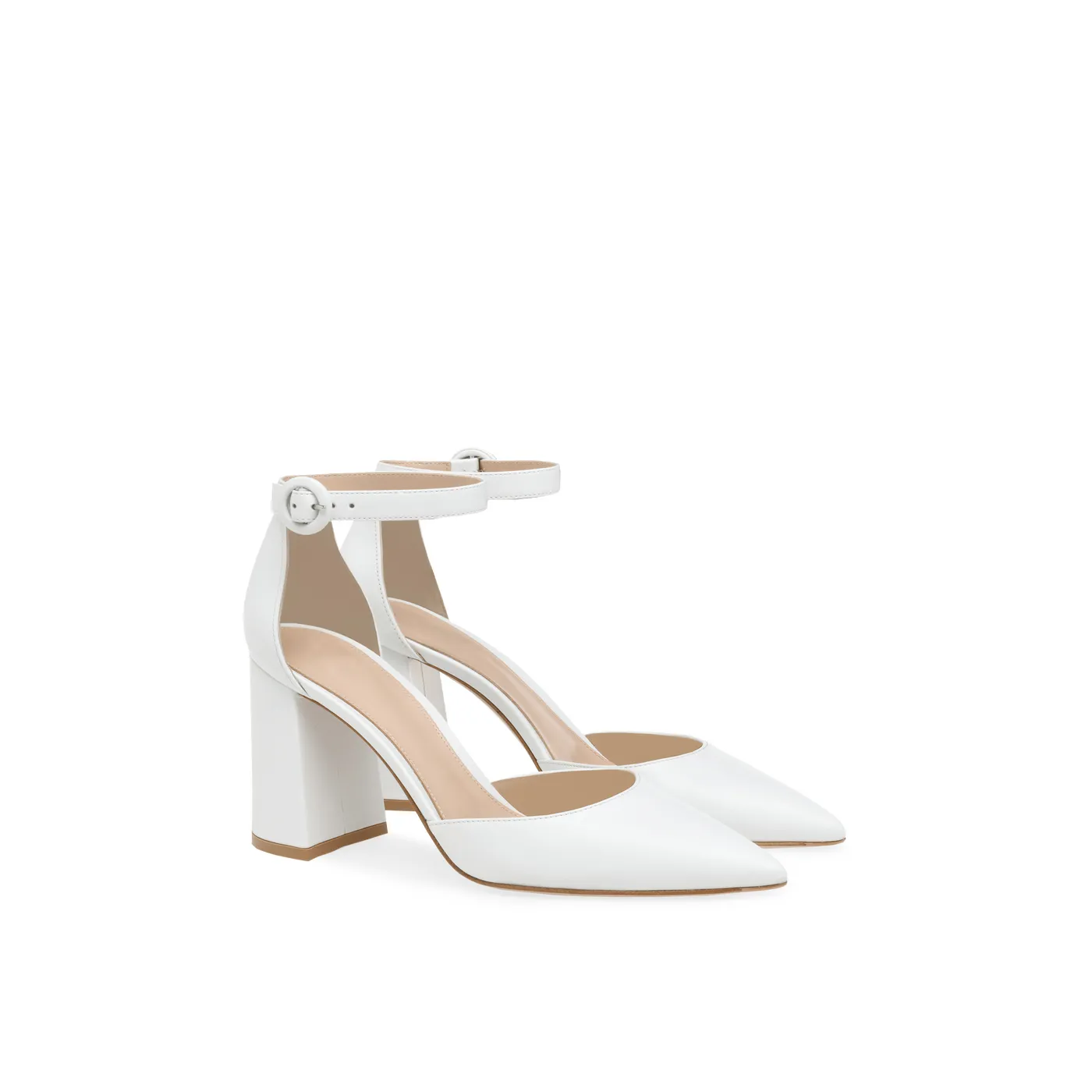 Front View of White Private Label Pumps by Lajwanti Designers Front view of white private label pumps with ankle strap by Lajwanti Designers, designed with elegance and comfort in mind.