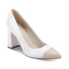 Elegant white block heel pumps by Lajwanti Designers, offering a modern and sophisticated design.