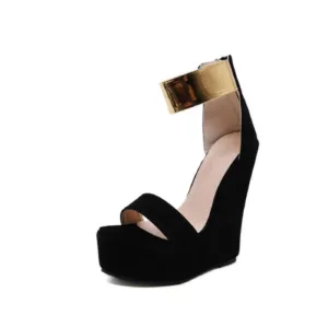 Black wedge sandals by Lajwanti Designers, a perfect blend of comfort and elegance for every occasion.