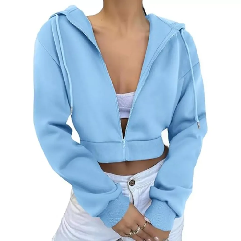 Light Blue Crop Top Zipper Hoodie ​