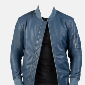 Custom blue leather bomber jacket manufacturer – close-up of ribbed collar and sleeve zip pocket