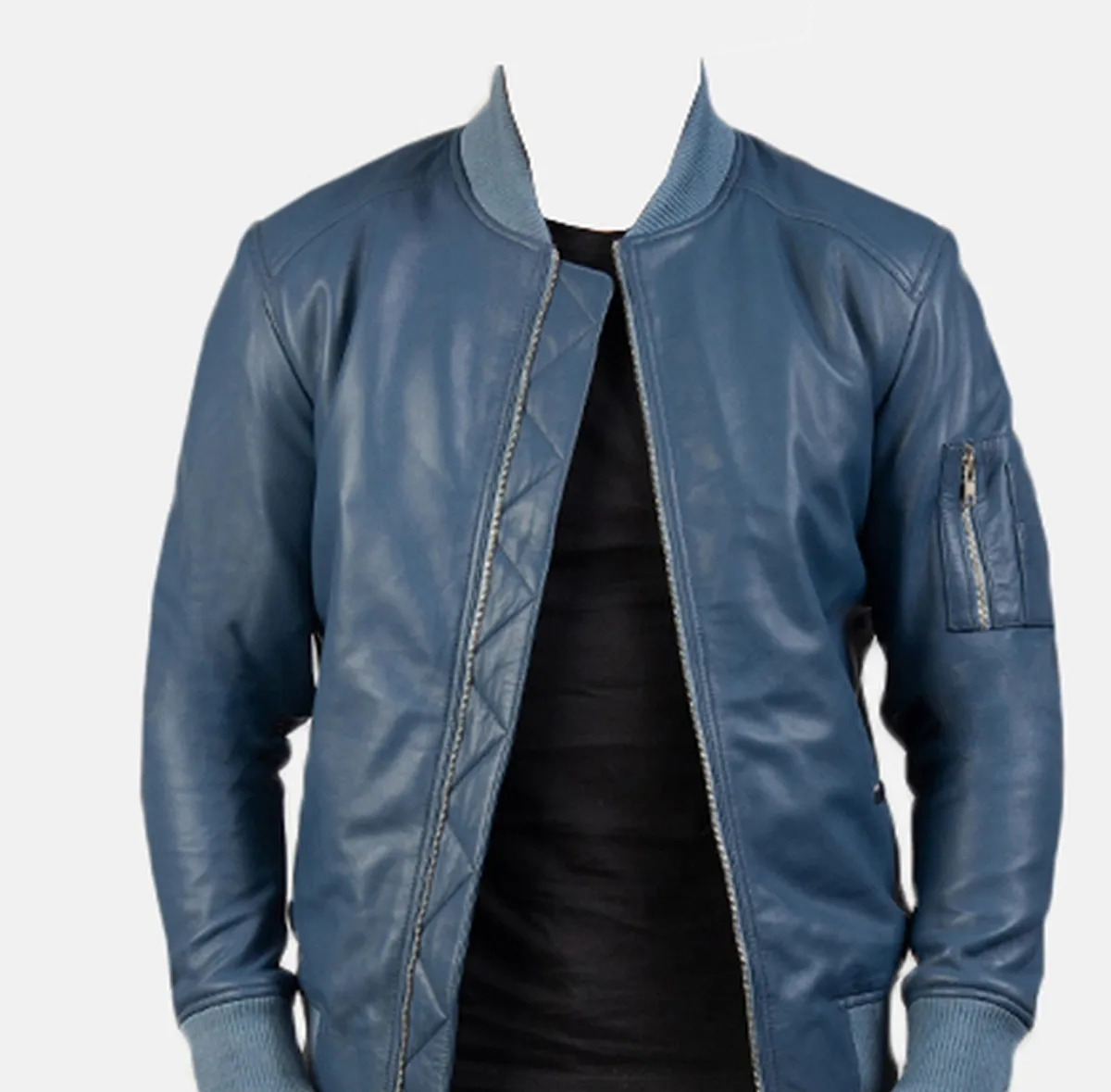 Custom Leather Jackets Black – Premium Tailored Leather Jacket by Lajwanti Designers Custom blue leather bomber jacket manufacturer – close-up of ribbed collar and sleeve zip pocket