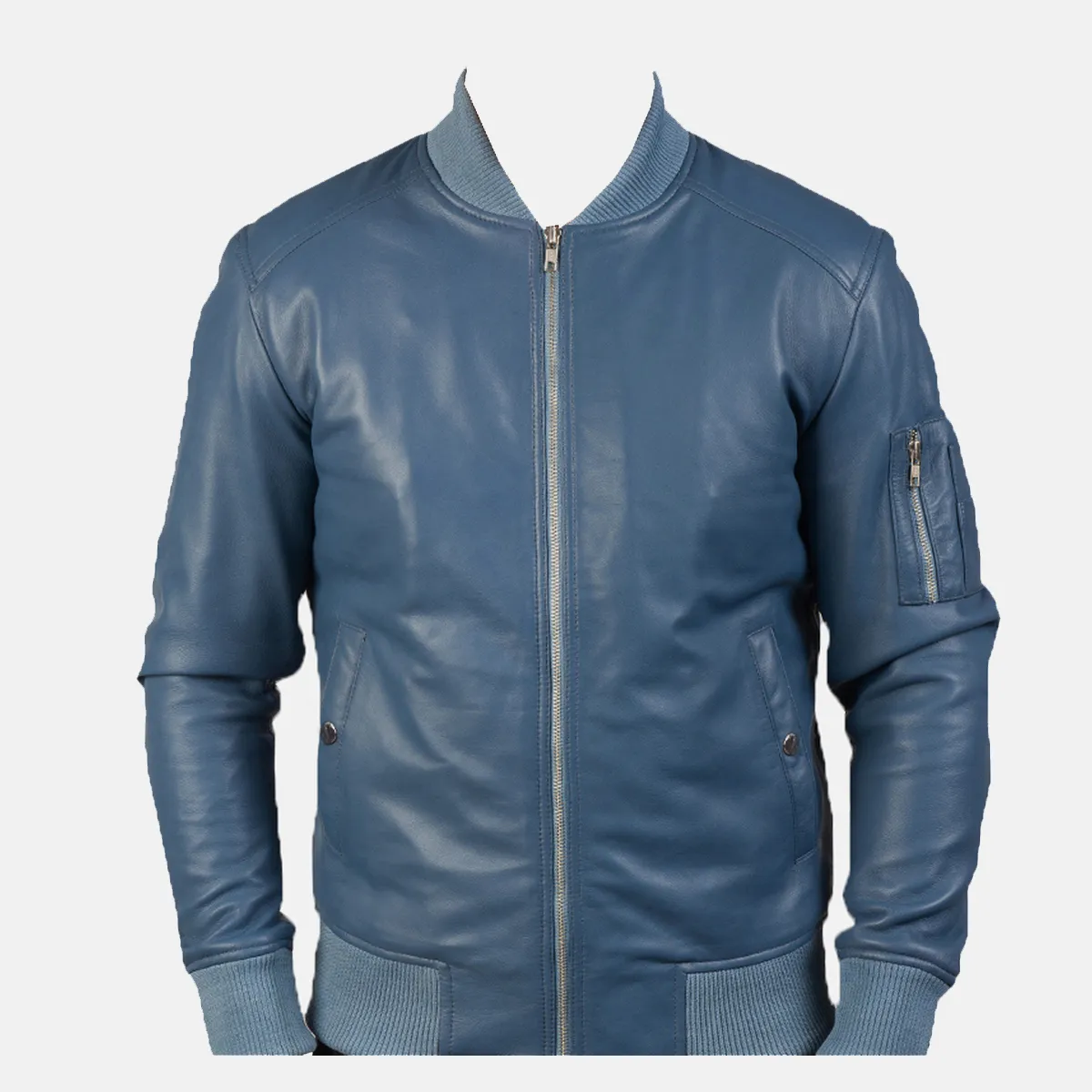Custom Leather Jackets Black – Premium Tailored Leather Jacket by Lajwanti Designers Custom blue leather bomber jacket manufacturer – close-up of ribbed collar and sleeve zip pocket