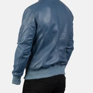 Custom leather bomber jacket OEM manufacturer Pakistan – full front view in steel blue