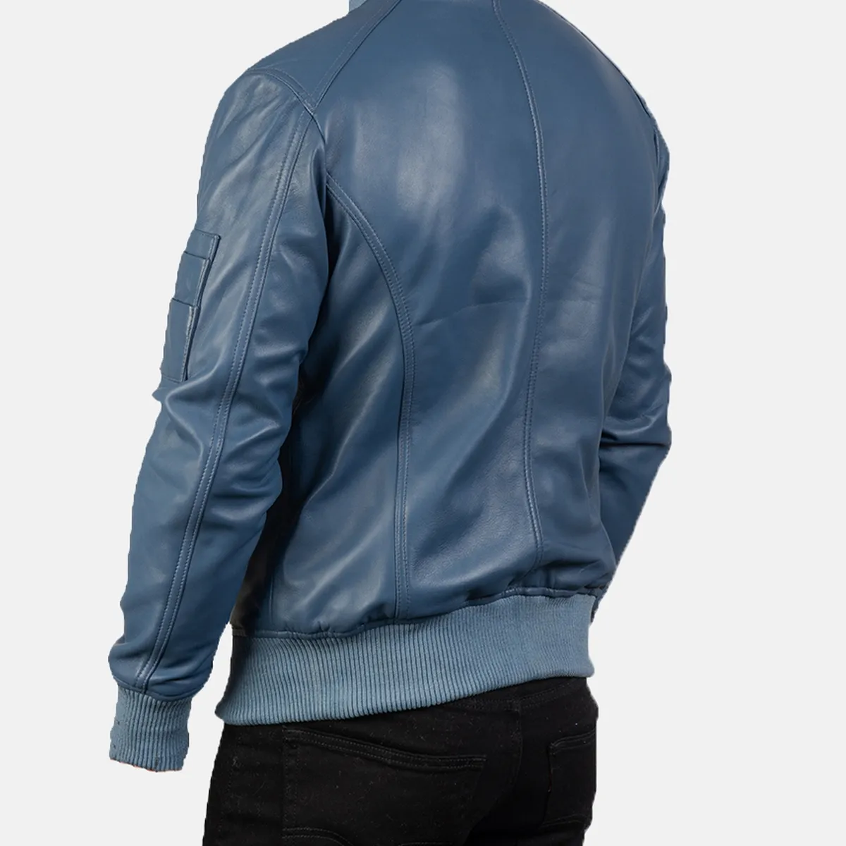 Custom Leather Jackets Black – Premium Tailored Leather Jacket by Lajwanti Designers Custom leather bomber jacket OEM manufacturer Pakistan – full front view in steel blue