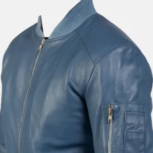 Custom leather bomber jacket OEM manufacturer Pakistan – full front view in steel blue
